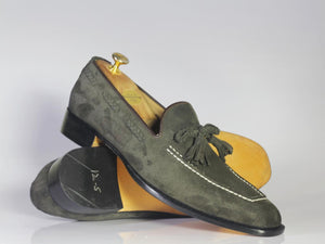 Handmade Men's Suede Tussles Loafer, Men Gray Tassel Moccasin Dress Shoes - theleathersouq