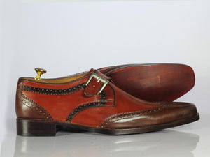 Handmade Men's Brown Leather Shoes, Men Monk Strap Wing Tip Dress Formal Shoes - theleathersouq
