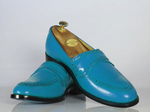 Handmade Men's Blue Shoes, Men Leather Penny Loafers Shoes, Dress Formal Shoes - theleathersouq
