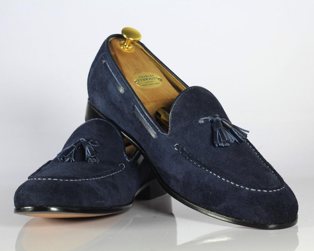 Handmade Men's Suede Tussles Loafer, Men Blue Tassel Moccasin Dress Shoes - theleathersouq