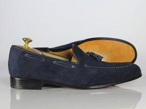 Handmade Men's Suede Tussles Loafer, Men Blue Tassel Moccasin Dress Shoes - theleathersouq