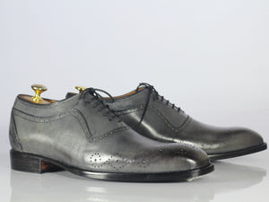 Handmade Men's Gray Leather Wing Tip Brogue Shoe, Men Lace Up Dress Fo ...
