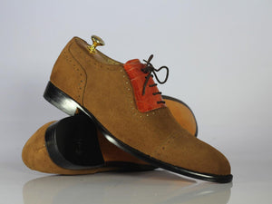 Handmade Men's Tan Brown Alligator Leather Suede Shoes, Men Cap Toe Lace Up Shoe - theleathersouq