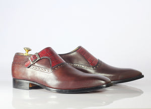 Handmade Men's Burgundy Monk Strap Shoes, Men Leather Casual Dress Shoes - theleathersouq