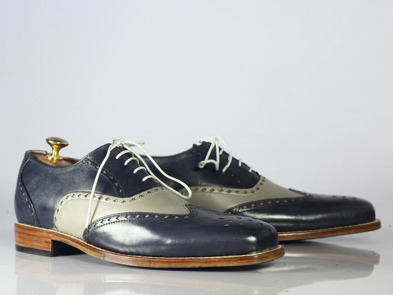 Handmade Men's Gray Blue Wing Tip Brogue Shoes, Men Leather Lace Up Dress Shoes - theleathersouq
