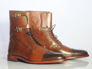 Handmade Men's Brown Ankle Double Monk Boots, Men Lace Up Leather Cap Toe Boots - theleathersouq