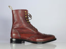 Handmade Men's Burgundy Wing tip Brogue Boots, Men Pebbled Leather Lace Up Boots - theleathersouq
