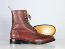 Handmade Men's Burgundy Wing tip Brogue Boots, Men Pebbled Leather Lace Up Boots - theleathersouq