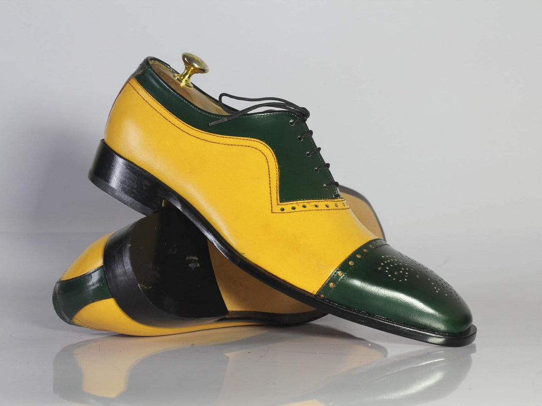 Handmade Men's Leather Lace Up Shoes, Men Yellow Green Cap Toe Dress Formal Shoes - theleathersouq
