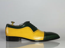 Load image into Gallery viewer, Handmade Men&#39;s Leather Lace Up Shoes, Men Yellow Green Cap Toe Dress Formal Shoes - theleathersouq