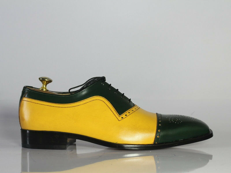 Handmade Men's Leather Lace Up Shoes, Men Yellow Green Cap Toe Dress Formal Shoes - theleathersouq