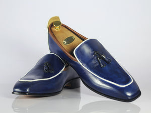 Handmade Men's Blue Leather Loafer Shoes, Men Tussle Stylish Designer Shoes - theleathersouq