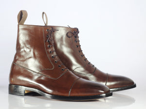 Handmade Men's Brown Ankle High Boots, Men Leather Cap Toe Lace Up Fashion Boots - theleathersouq