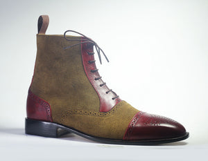 Handmade Men Burgundy & Brown Boots, Men Leather Suede Ankle High Designer Boots - theleathersouq