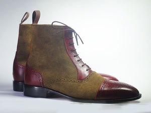 Handmade Men Burgundy & Brown Boots, Men Leather Suede Ankle High Designer Boots - theleathersouq