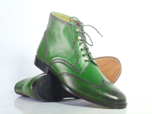 Handmade Men's Green Leather Chukka Boots, Men Wing Tip Brogue Toe Lace Up Boots - theleathersouq