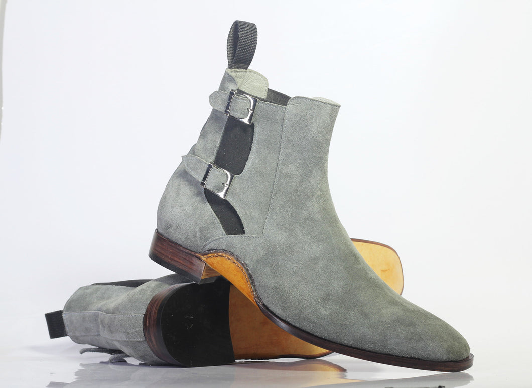 Handmade Men's Gray Suede Buckle Up Boots, Men Ankle High Designer Fashion Boots - theleathersouq