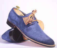 Load image into Gallery viewer, Handmade Men&#39;s Blue Suede Shoe, Men Designer Shoes, Men Lace Up Dress Shoes - theleathersouq