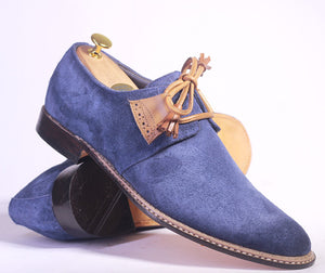 Handmade Men's Blue Suede Round Toe Lace Up Shoes, Men Designer