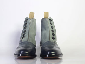Handmade Gray Leather Suede ankle High Boots, Men Button Top Wing Tip Boots - theleathersouq