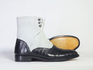 Handmade Men's Black Gray Alligator Leather Suede boots, Men Designer Boots - theleathersouq