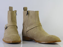 Load image into Gallery viewer, Handmade Men&#39;s Suede Beige Jodhpurs Boots, Men Monk Strap &amp; Zipper Designer Boots - theleathersouq