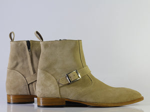Handmade Men's Suede Beige Jodhpurs Boots, Men Monk Strap & Zipper Designer Boots - theleathersouq