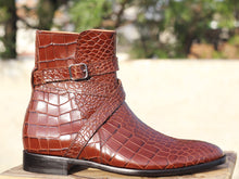 Load image into Gallery viewer, Men&#39;s Handmade Brown Jodhpurs alligator texture Boots, Men Designer Dress Boots - theleathersouq