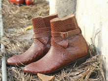 Load image into Gallery viewer, Men&#39;s Handmade Brown Jodhpurs alligator texture Boots, Men Designer Dress Boots - theleathersouq