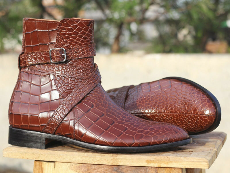 Men's Handmade Brown Jodhpurs alligator texture Boots, Men Designer Dress Boots - theleathersouq
