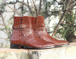 Men's Handmade Brown Jodhpurs alligator texture Boots, Men Designer Dress Boots - theleathersouq