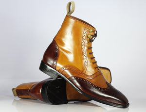 Men's Handmade 2 Tone Brown Leather Wing Tip Brogue Boots, Men Designer Boots - theleathersouq