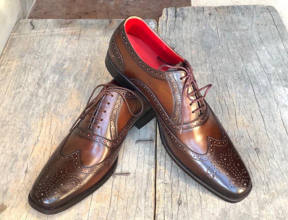 Handmade Men's Brown Wing Tip Brogue Leather Shoes, Men Lace up Designer Shoes - theleathersouq