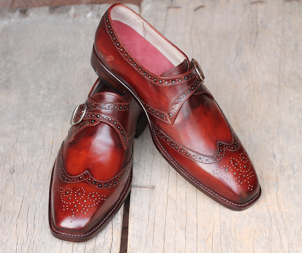 Handmade Men's Burgundy Leather Dress Shoes, Men Monk Strap Wing Tip Shoes - theleathersouq