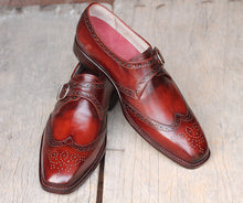 Load image into Gallery viewer, Handmade Men&#39;s Burgundy Leather Dress Shoes, Men Monk Strap Wing Tip Shoes - theleathersouq