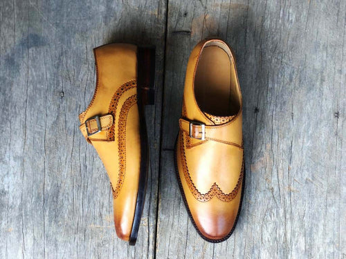 Handmade Men's Beige Leather Dress Shoes, Men Monk Strap Wing Tip Designer Shoes - theleathersouq