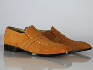 Men's Handmade Men's Tan Suede Moccasin Shoes, Men Penny Loafer Designer Shoes - theleathersouq