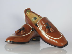 Men's Handmade Men's Brown Leather Loafer Shoe, Men Tassels Loafer Designer Shoe - theleathersouq