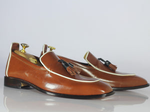 Men's Handmade Men's Brown Leather Loafer Shoe, Men Tassels Loafer Designer Shoe - theleathersouq