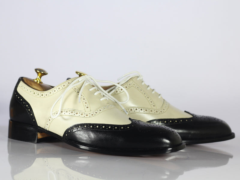 Handmade Men's black Off White Wing Tip Brogue Leather Shoes, Men Designer Shoes - theleathersouq