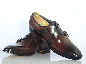 Handmade Men's Brown Double Monk Leather Shoes, Men Designer Dress Shoes - theleathersouq