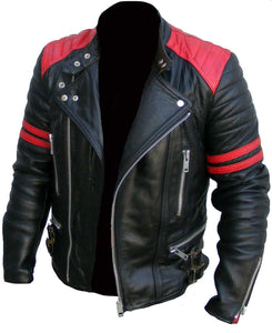 Brando Men's Black & Red Padded Power Shoulders Biker Genuine Leather ...