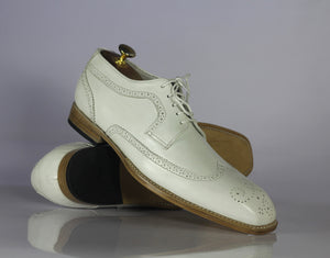 Handmade Men's White Leather Wing Tip Brogue Shoes, Men Designer Fashion Shoes - theleathersouq