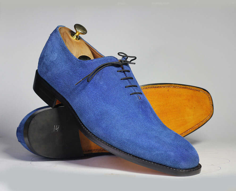 Handmade Men's Blue Suede Round Toe Lace Up Shoes, Men Designer