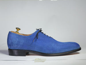 Handmade Men's Blue Suede Round Toe Lace Up Shoes, Men Designer Derby Shoes - theleathersouq