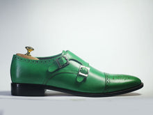 Load image into Gallery viewer, Handmade Men&#39;s green Monk Strap Leather Shoes, Men Designer Dress Shoes - theleathersouq