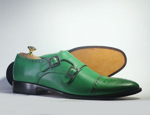 Handmade Men's green Monk Strap Leather Shoes, Men Designer Dress Shoes - theleathersouq