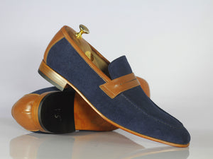 Awesome Handmade Men's Blue Suede Brown Leather Loafer Shoes, Men Designer Shoes - theleathersouq