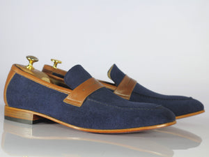 Awesome Handmade Men's Blue Suede Brown Leather Loafer Shoes, Men Designer Shoes - theleathersouq