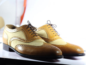 Men's Bespoke Tan Leather Beige Suede Shoes, Men Wing Tip Brogue Designer Shoes - theleathersouq